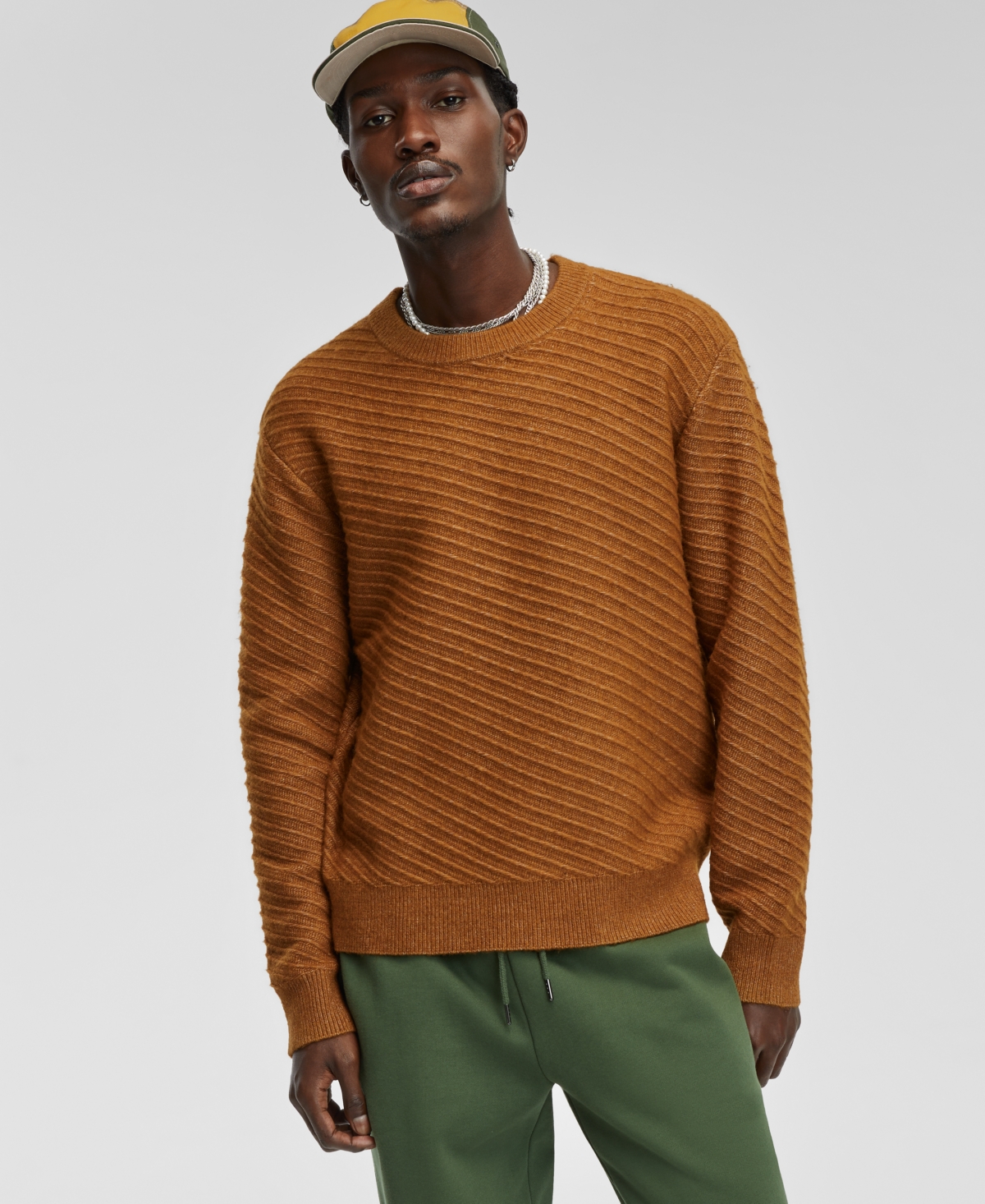 Men's Relaxed-Fit Diagonal Texture Sweater, Created for Macy's - French Vicuna