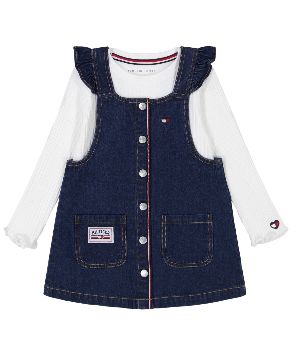 Tommy Hilfiger Toddler and Little Girls Chunky Rib Long Sleeve Tee and Denim Jumper, 2-Piece Set -Medium Wash