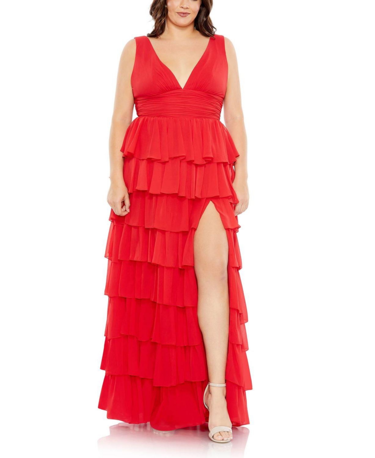 Mac Duggal Women's Plus Size Ruffle Tiered Sleeveless V Neck Gown