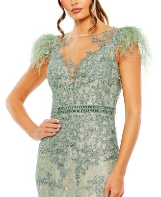 Women's Embellished Feather Cap Sleeve Illusion Neck Trump