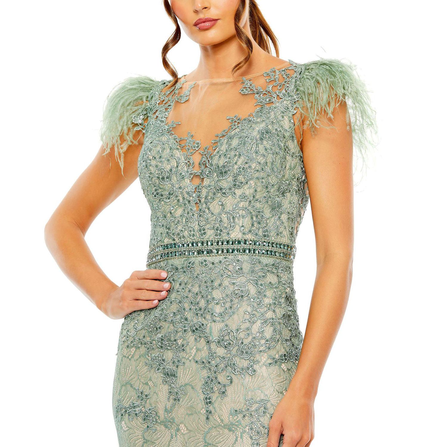 Женская кепка Mac Duggal Embellished Feather Cap Sleeve Illusion Neck Trump, цвет: Шалфейный — фото 4