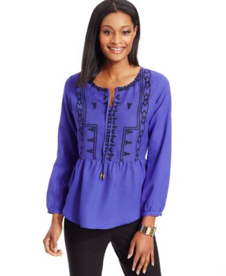 NY Collection Embroidered Peplum Peasant Blouse - Women - Macy's