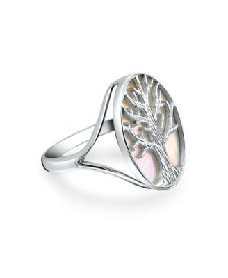 Large Statement Iridescent Oval Abalone Rainbow White Mother of Pearl Family Wishing Tree Of Life Ring Wife .925 Sterling Silver