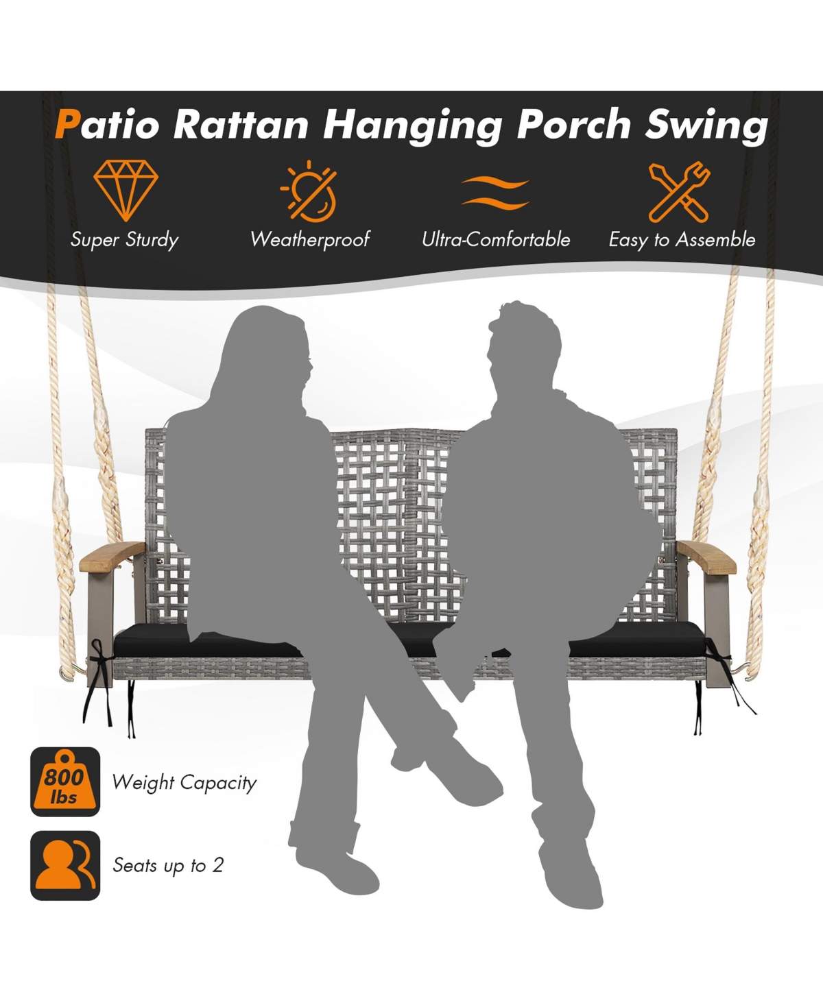 Costway 2-Person Patio Wicker Hanging Swing Chair Loveseat Cushion Porch- Black