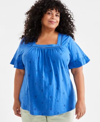 Style & Co - Plus Size Square-Neck Flutter-Sleeve Floral-Print Top