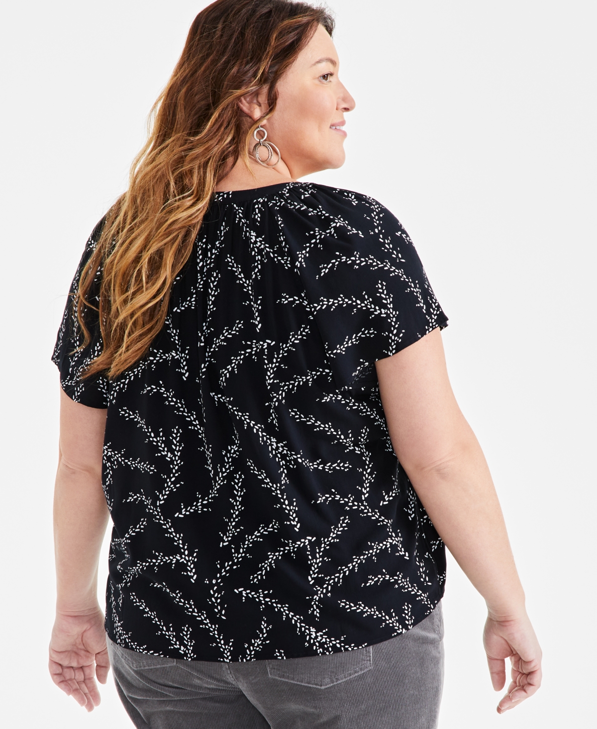 Style & Co Plus Size Printed Flutter-sleeve Top, Created For Macy's In Dotted Black
