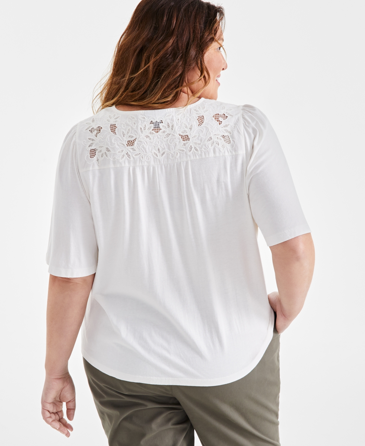 Style & Co Plus Size Lace-Trim Flutter-Sleeve Top, Created for Macy's