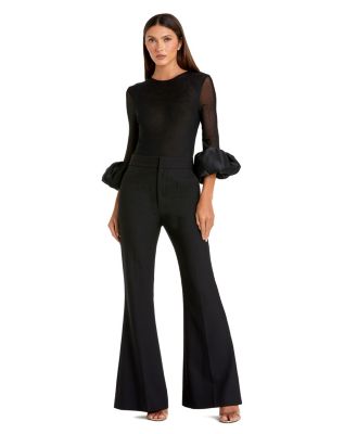 Women's Mesh Long Sleeve Bodysuit With Satin Puff Sleeves