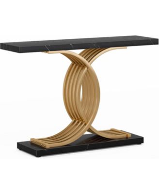 Gold Entryway Table, Modern 39-Inch Console/Accent Table with Geometric Metal Legs, Faux Marble Narrow Wood Sofa Table, Foyer Table for Entrance, Living Room