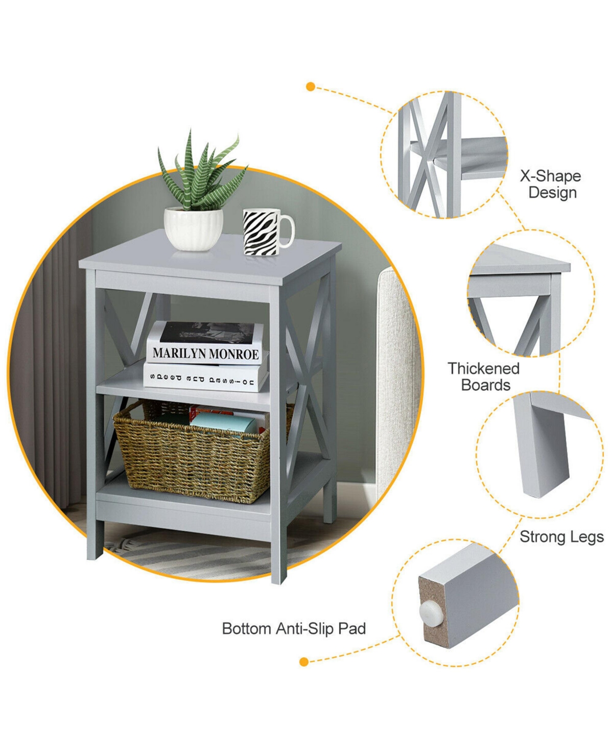 Gymax 3-Tier Nightstand End Table X Design Storage Display Shelf Living Room- Grey