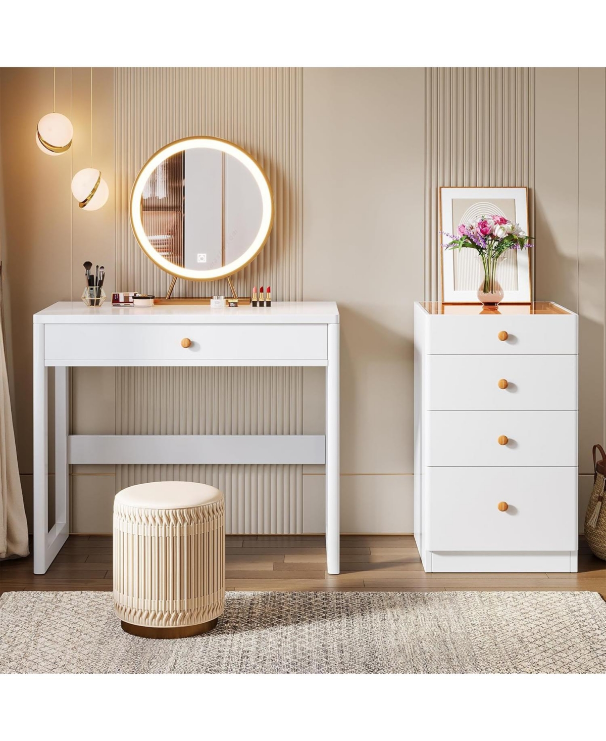 Tribesigns 47" Makeup Vanity Desk with 5 Drawers, Modern Vanity Desk with Glass Top, White Computer Desk Dressing Table for Bedroom (Without Mirror)