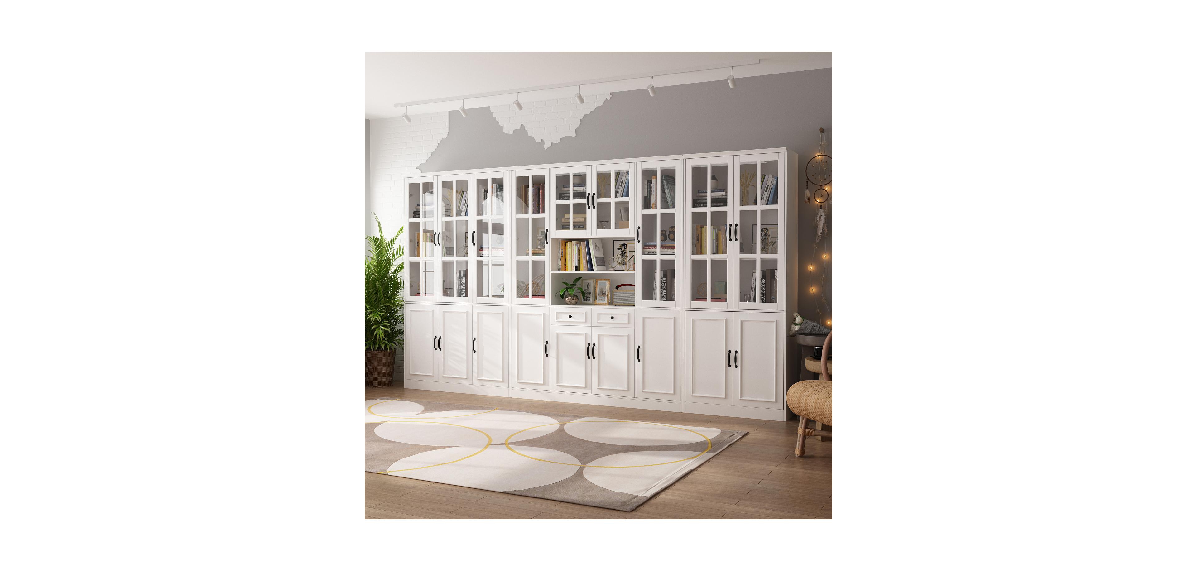 Famapy Luxurious Wall Wide White Bookcase with 30 Shelves & Doors