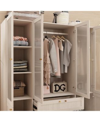 Glass Doors Armoires with Hanging Rods, Drawers and Shelves
