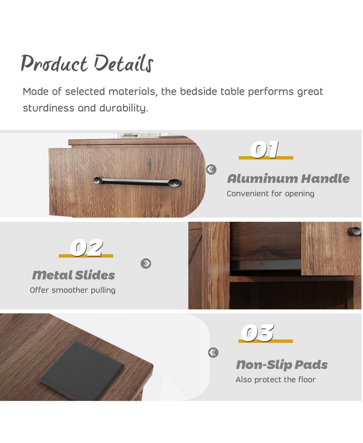 Gymax 2PCS Nightstand with Drawer and Shelf Rustic Wooden Bedside Table Bedroom- Brown