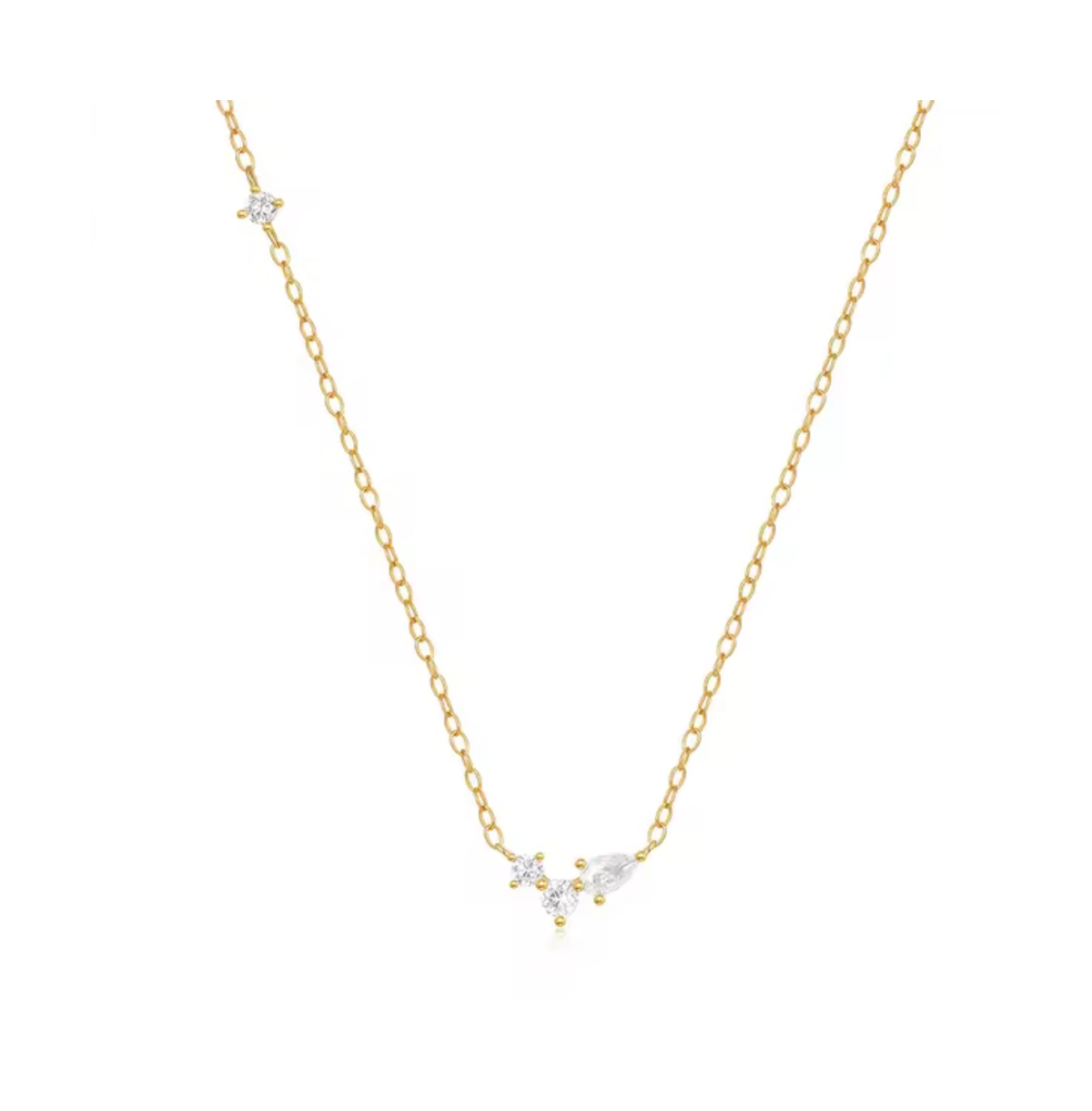 18K Gold Plated Sterling Silver Necklace with Three Round and One Pear Cut Cubic Zirconia Stones - Gold
