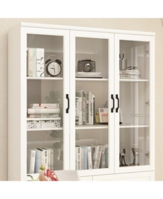 8-Shelf White Wood Standard Bookcase with Shelves,Drawers