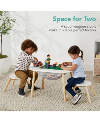 2-in-1 Kid's Building Block Table, Construction Activity Center w/ 2 Stools, Storage Compartment