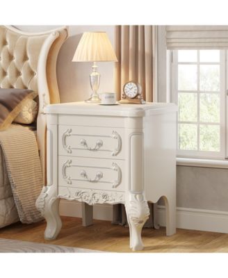 White Nightstand Set of 2: Classic End Tables with 2 Drawers & Carved Design – Ideal for Bedroom or Living Room