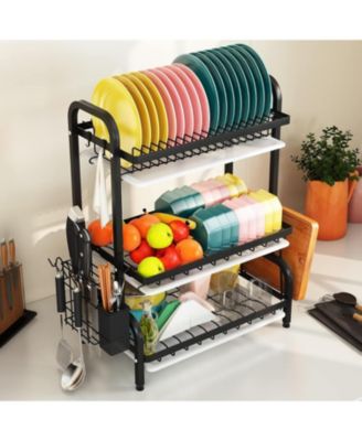 Drying Rack, Metal 3-Tier Large Capacity Dish Rack with Utensil Holder, Cutting Board Holder, Drain Board Tray for Kitchen Counter Storage