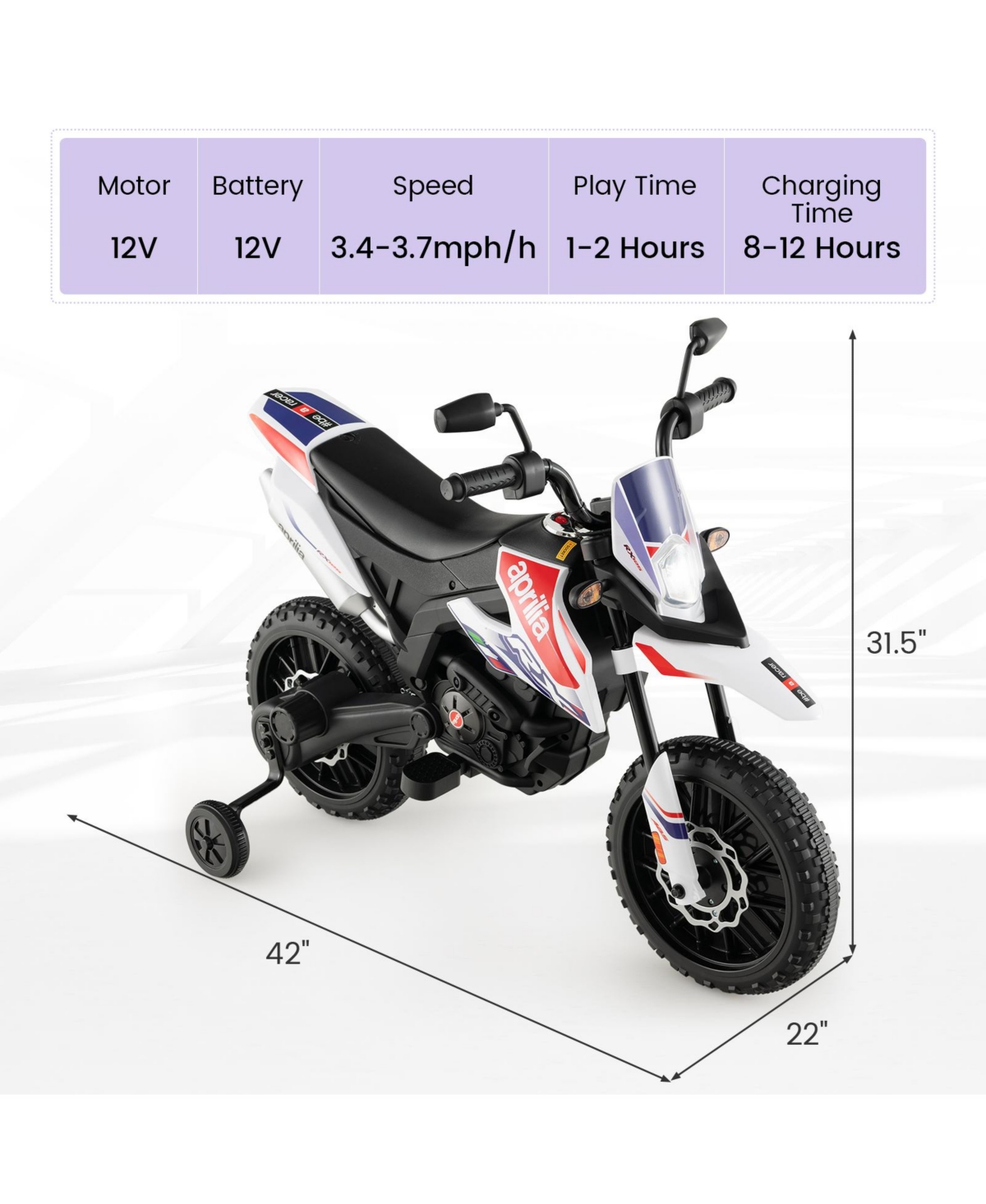 Costway 12V Licensed Aprilia Kids Ride On Motorcycle Electric Dirt Bike with Light & Music