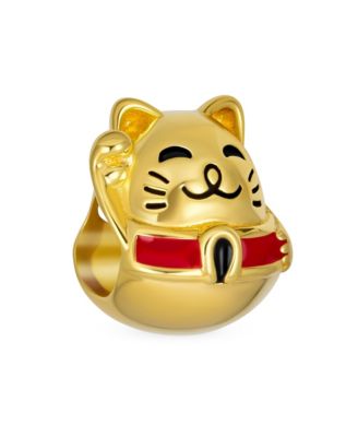 Japanese Maneki Neko Lucky Cat Good Fortune Dangle Charm Bead Red Enamel .925 Sterling Silver Fits European Bracelet