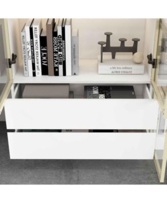 30-Shelf White Wood Standard Bookcase With Doors,LED Lights,Drawers