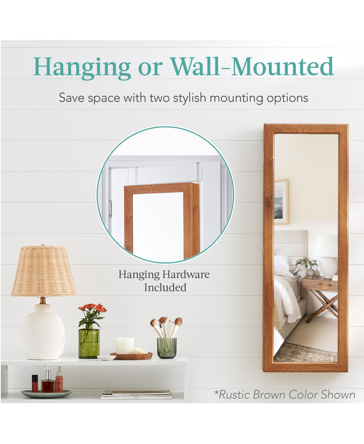Best Choice Products Hanging Mirror Jewelry Armoire, Door or Wall Mounted Cabinet w/ Led Lights, Lock