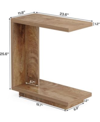 C-Shaped Side Table, 2-Tier Narrow End Table with Sturdy Pedestal, Wood Bedside Table Nightstand, Industrial Sofa End Table, Brown, 2PCS