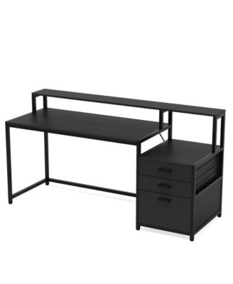 63 Inch Computer Desk with File Drawer Cabinet, Ergonomic Office Desk with Monitor Stand, Computer Table with Printer Space, Wood PC Table Workstation Desk for Home Office