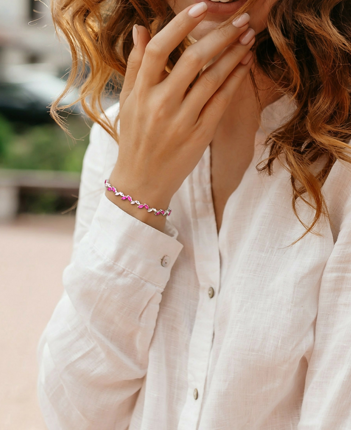 Macy's Lab-created Pink Sapphire & Polished Marquise Link Bracelet (9-1/2 Ct. T.w.) In Silver