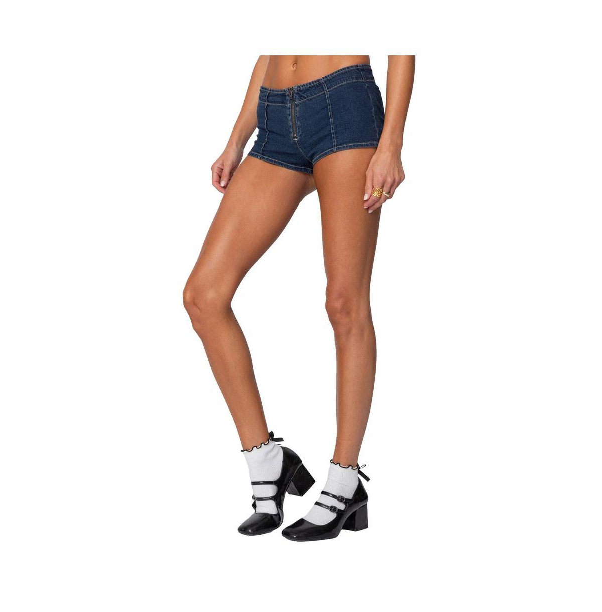 Edikted Women's Zipped Up Denim Micro Shorts - Dark-blue