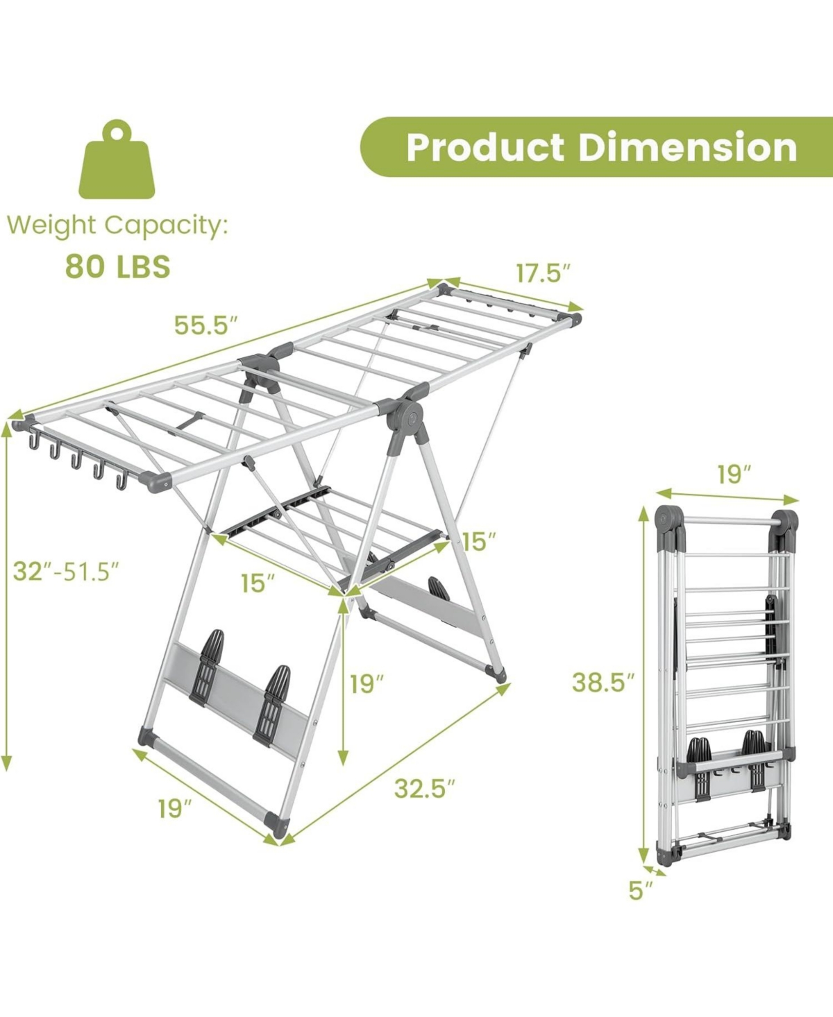 2-Layer Folding Clothes Drying Rack with 5-Level Adjustable Height