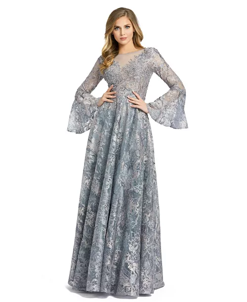 women's embellished illusion bell sleeve a line gown