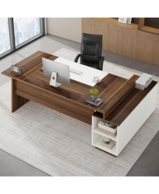 70.5-Inch Executive Office Desk: Modern L-Shaped Desk with File Cabinet and Storage Shelves, Large Wood Computer Desk, Walnut & White