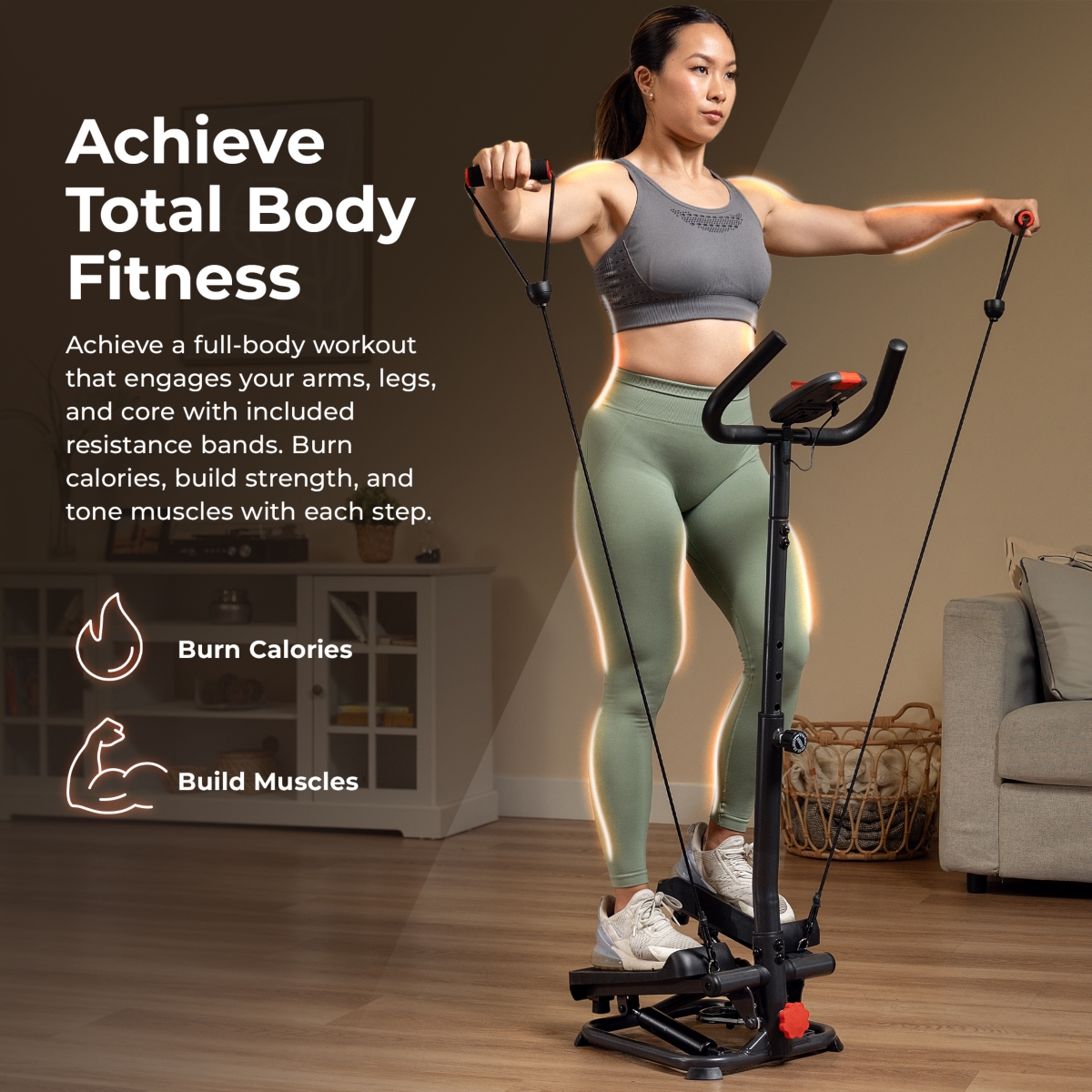 Sunny Health & Fitness Smart Stepper Stair Climber Exercise Machine for Home with Handlebar and Resistance Bands, Compact Space Saving Connected Fitne
