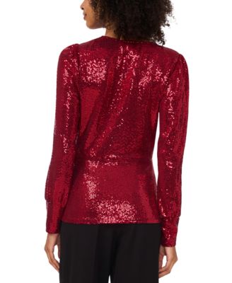 Women's Sequined Faux-Wrap Long-Sleeve Top