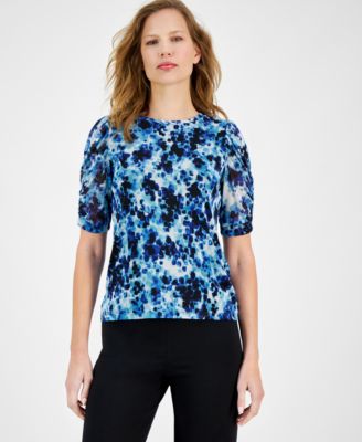 Anne Klein - Women's Printed Jewel-Neck Ruched-Sleeve Top