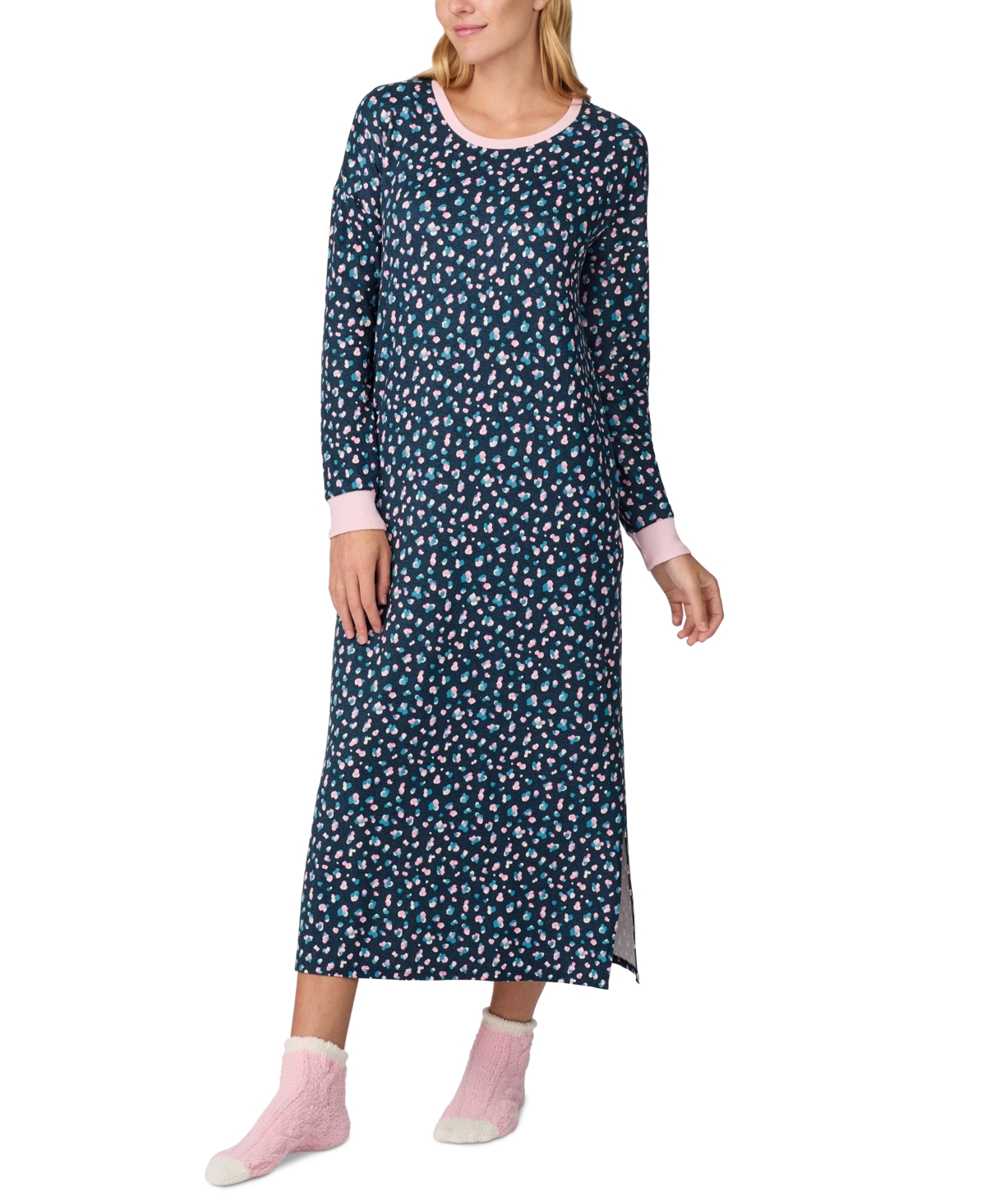 Women's Printed Long-Sleeve Nightgown + Fuzzy Socks - Teal Print