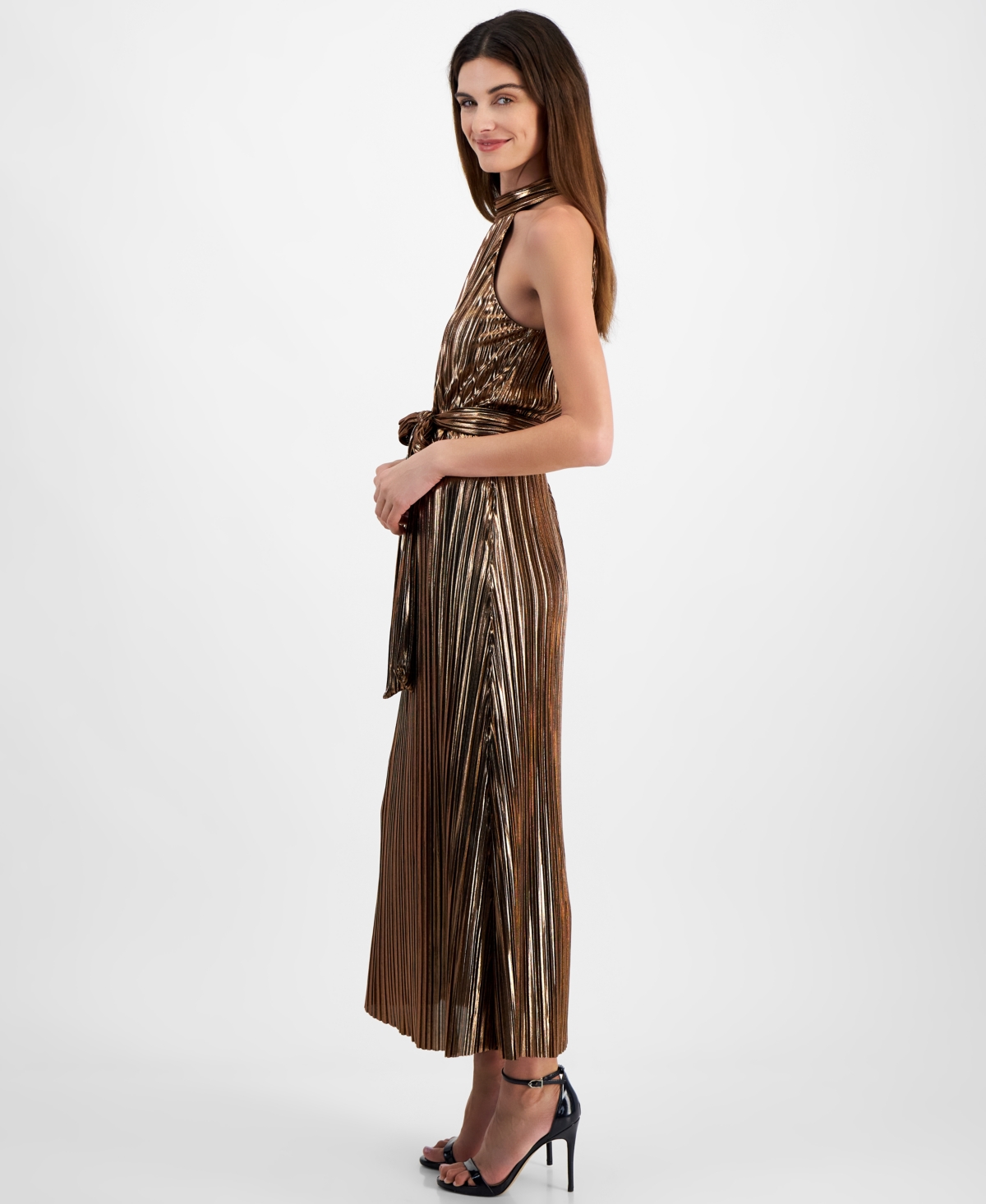 Shop Anne Klein Women's Metallic Mock Neck Halter Dress In Beige