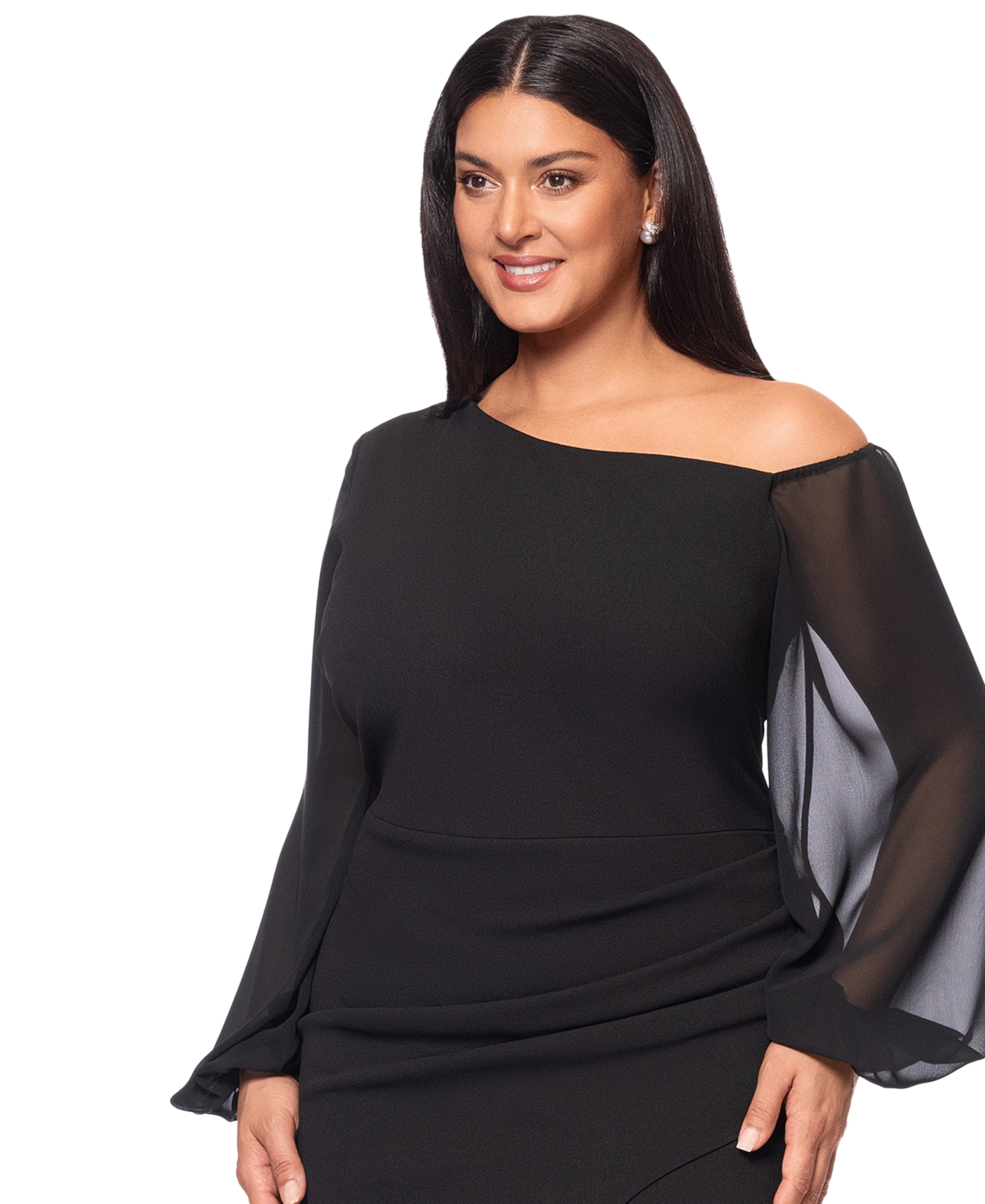 Betsy & Adam Plus Size Asymmetric Long-sleeve Gown In Black
