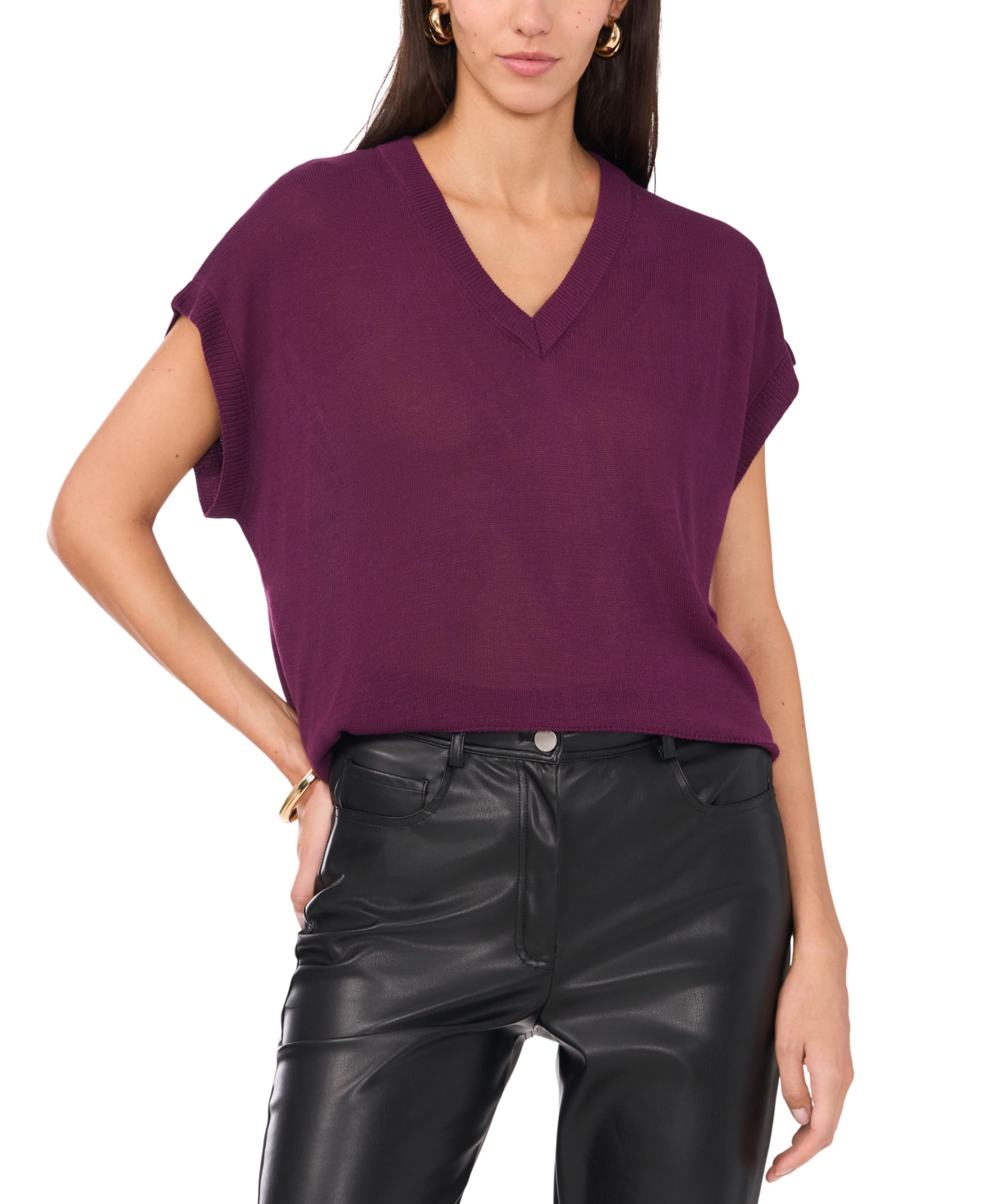 VINCE CAMUTO WOMEN'S V-NECK SHORT-SLEEVE SWEATER 