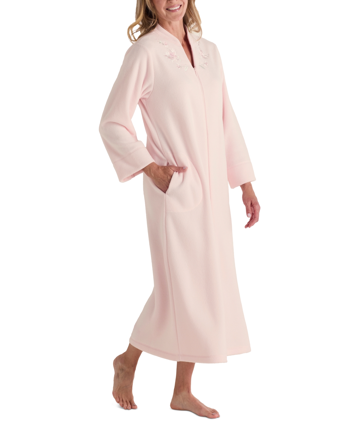 Miss Elaine Plus Size Zip-front Long-sleeve Fleece Robe In Peach