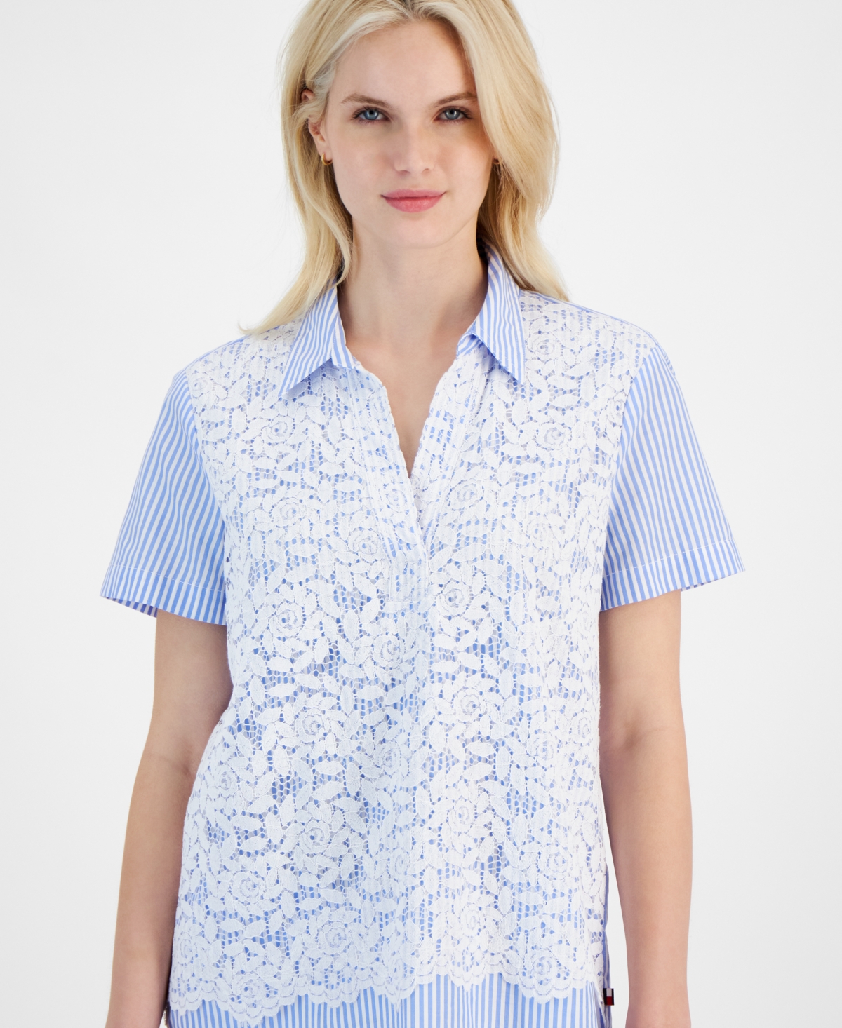 Tommy Hilfiger Women's Striped Lace-Overlay Popover Top