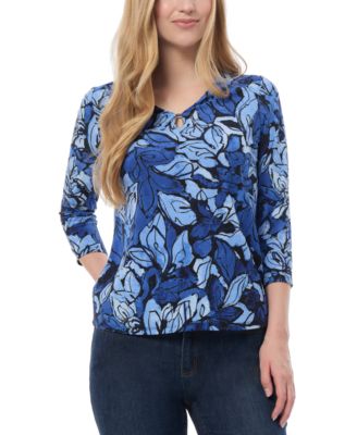 Jones New York Petite Printed Keyhole 3/4-Sleeve Top