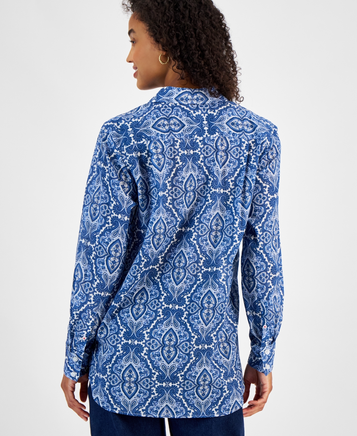 Nautica Jeans Women's Lisboa Cotton Paisley-Print Striped-Cuff Blouse -blue