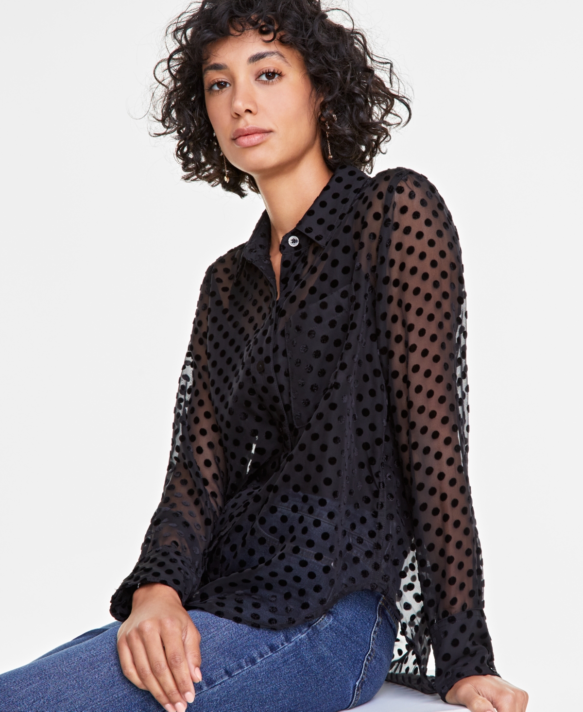 On 34th Women's Chiffon Flocked Polka-dot Shirt, Created For Macy's In Deep Black