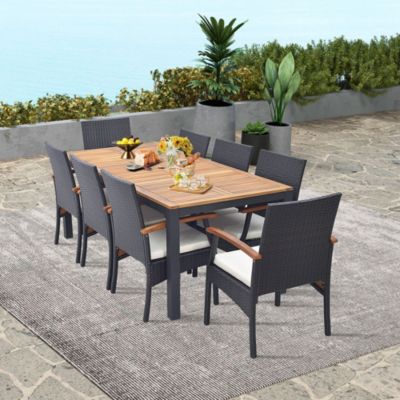 9 PCS Patio Rattan Dining Set with Acacia Wood Table, Cushions, 1.9" Umbrella Hole