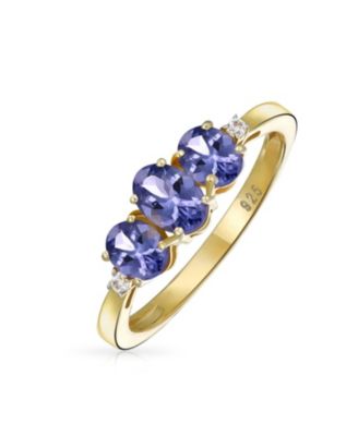 Past Present Future 3 Stone 2CTW Oval Purple Natural Tanzanite Trilogy Trinity Ring Gold Plated .925 Sterling Silver