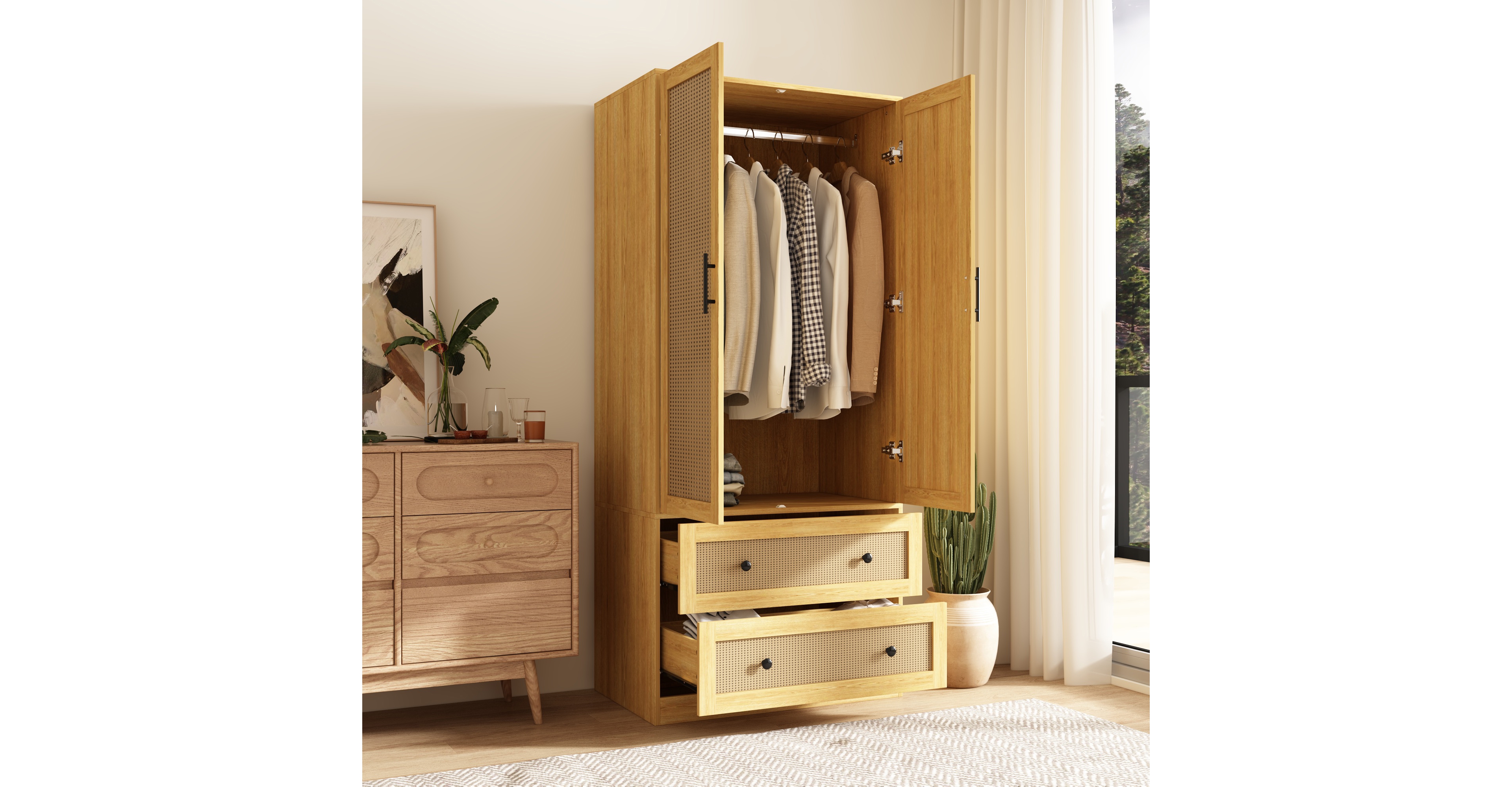 Famapy Wardrobe Freestanding Coat Storage Cabinet with 2-Tier Drawers and Hanging Bar