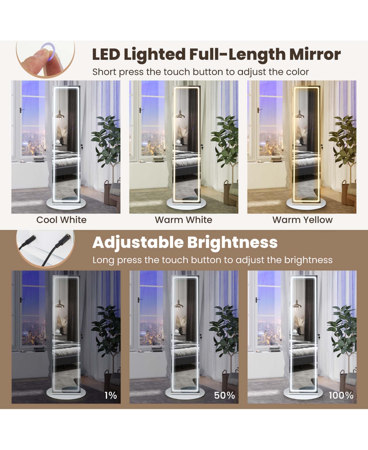 Costway 360° Swivel Jewelry Cabinet Organizer 3-Color Led Mirror with Built-in Lights